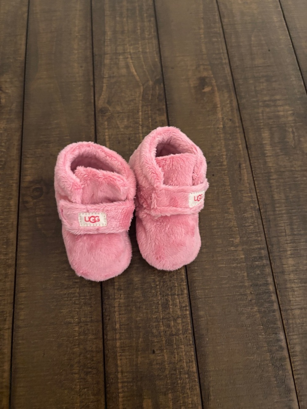 UGG Pink Plush Infant Slippers with Hook-and-Loop Strap